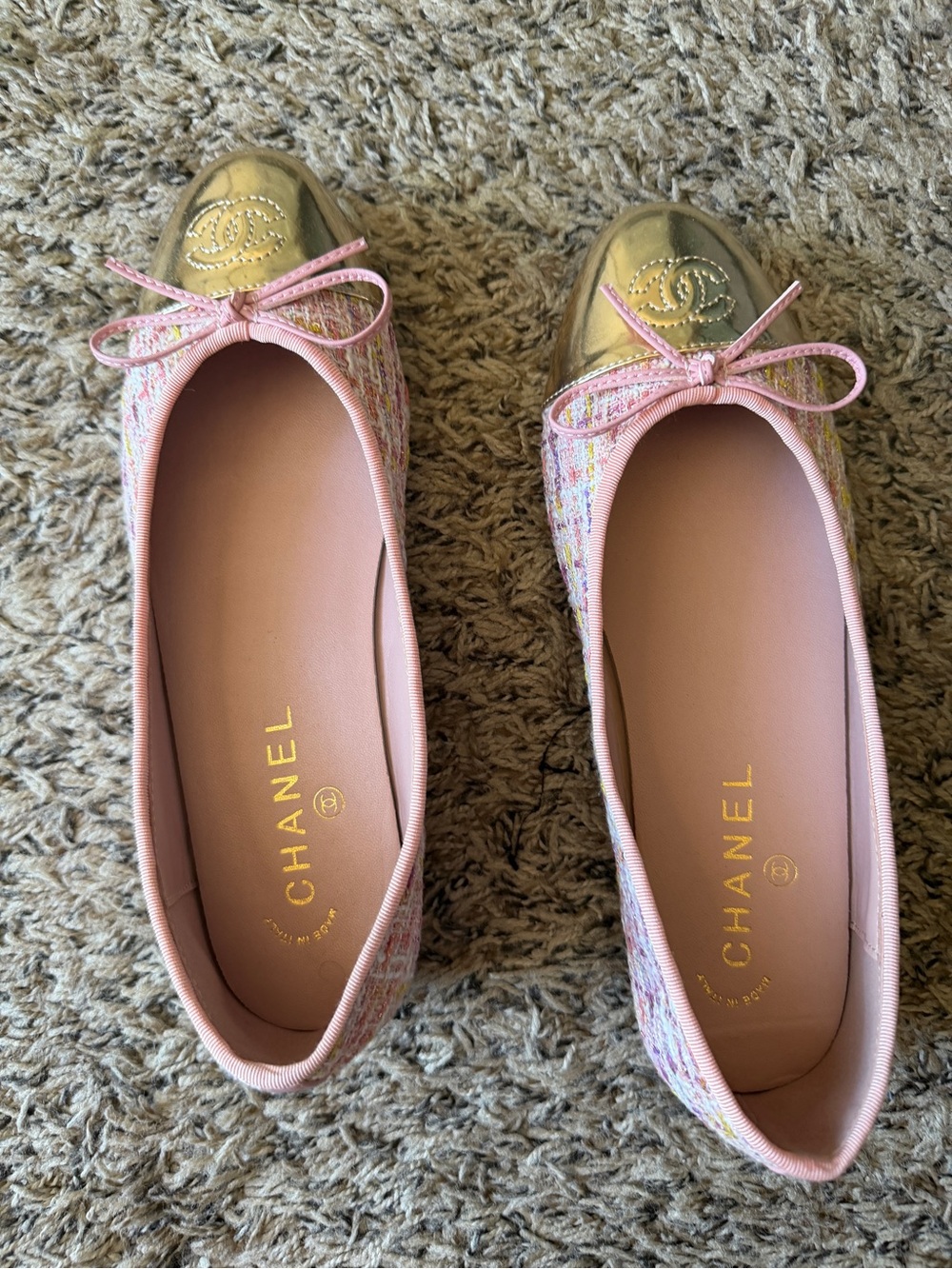 Pink Tweed Ballet Flats with Gold Cap Toe